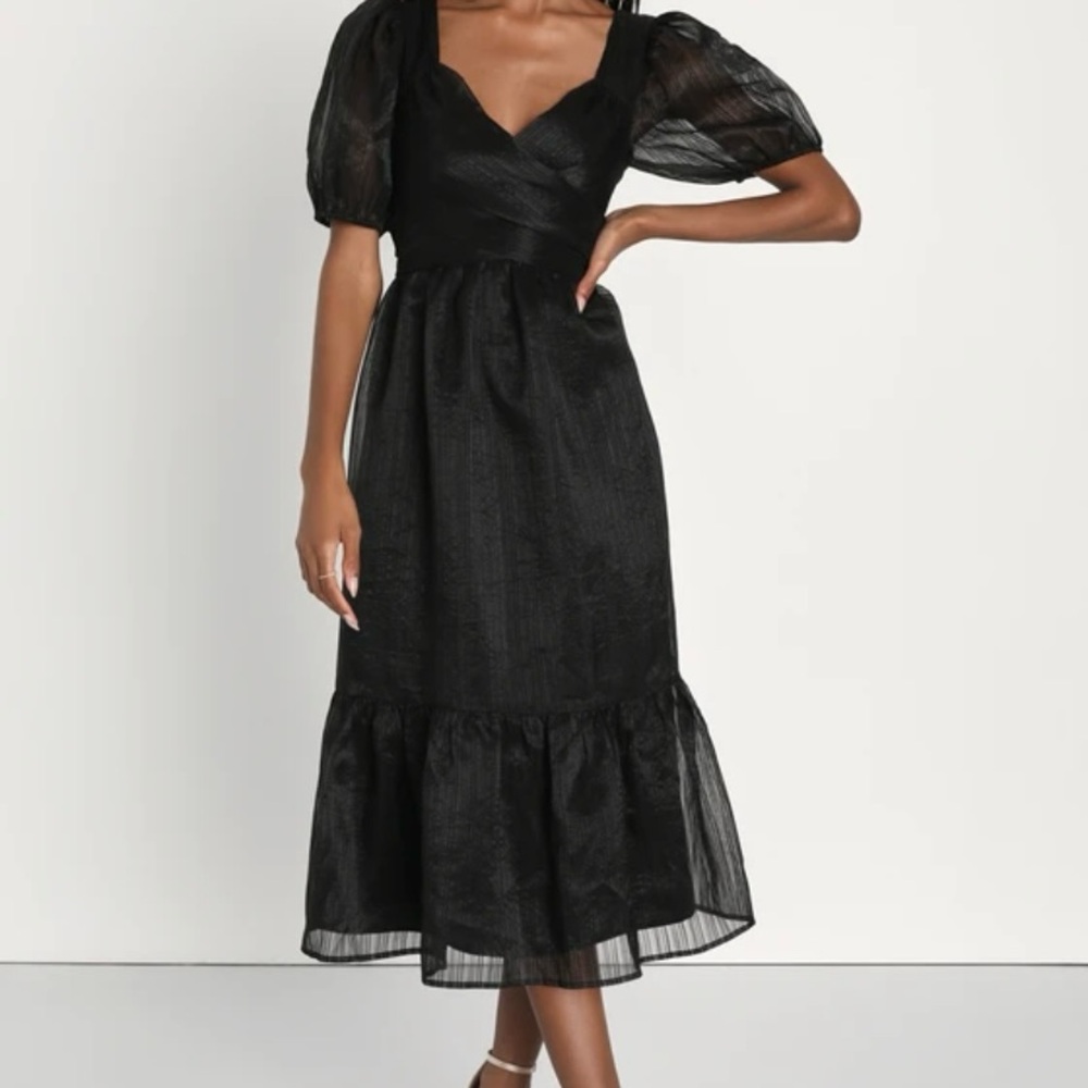 Lulus Celebratory Moment Black Surplice Puff Sleeve Midi Dress